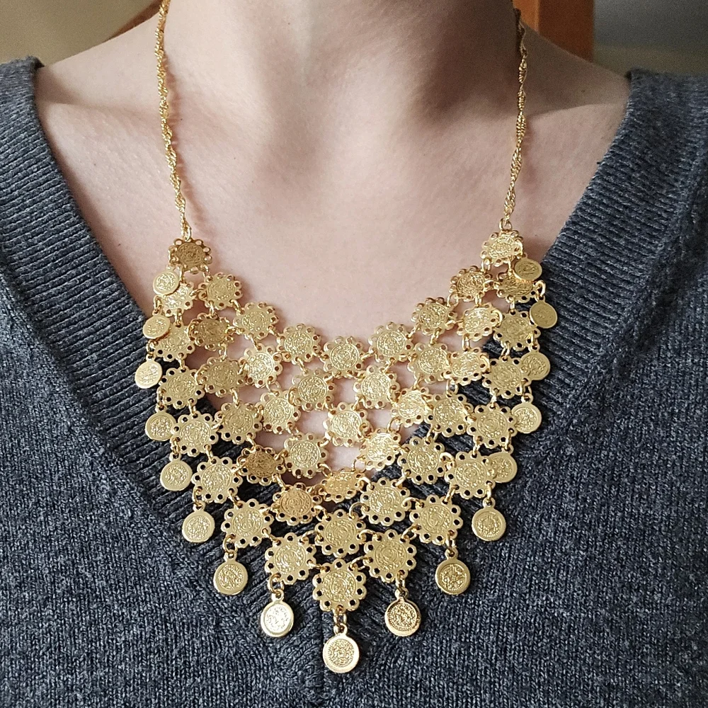 Vintage Gold Coin Medallion Bib Statement Necklace